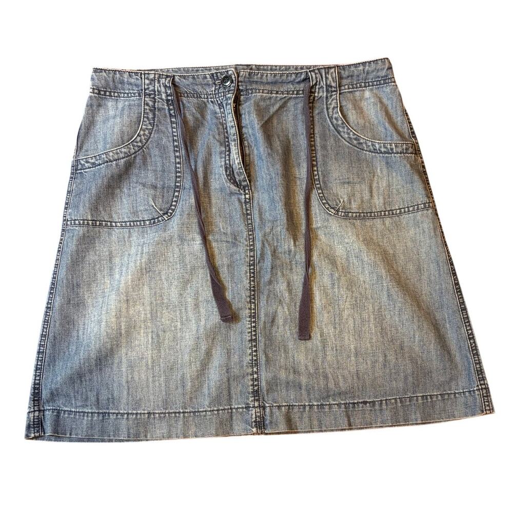 Vintage TALBOTS Women's Denim Skirt 14 Blue Drawstring Casual Pockets Mini Short